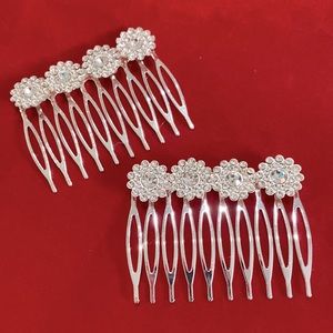 Hair Combs Set Of 2 Silver Tone Flower Rhinestones 2”